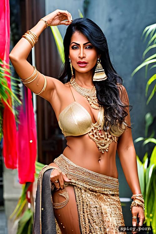 gold jewellery, gorgeous face, curvy hip, indian lady, wet saree