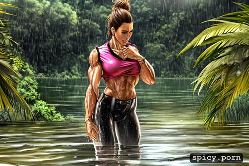 brunette, beautiful face, wet shirt, muscular woman, in the rain