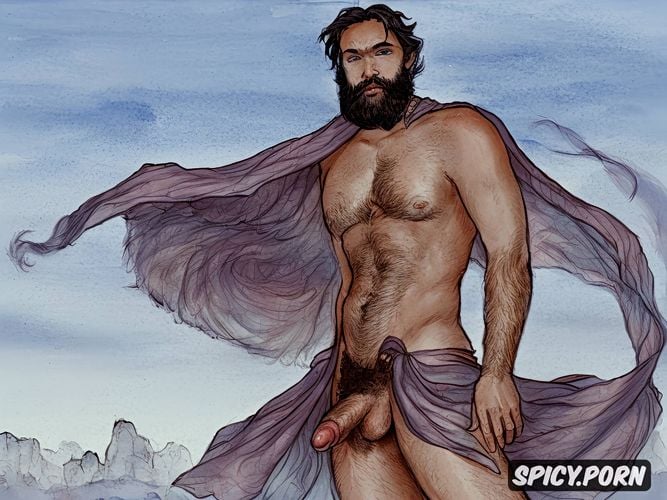 barefoot, natural thick eyebrows, artistic sketch of a big dicked bearded hairy man wearing a draped toga in the wind