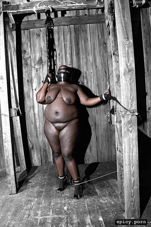 photography, ballgagged, big tits, sqatting, tied hands, very saggy giant tits
