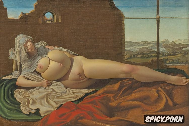 middle ages painting, robe, wide open, virgin mary nude in a stable