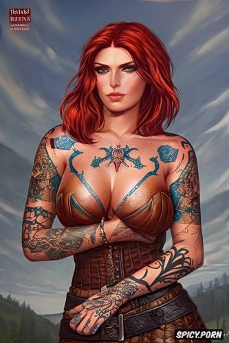 ultra detailed, ultra realistic, high resolution, triss merigold the witcher beautiful face young tight outfit tattoos masterpiece