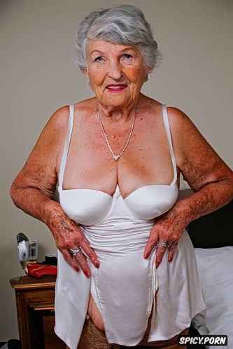 tall, standing, in bedroom silk sheets on bed white granny short white hair