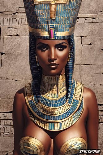 tits out, upper body shot muscles, femal pharaoh ancient egypt egyptian pyramids pharoah crown royal robes beautiful face topless