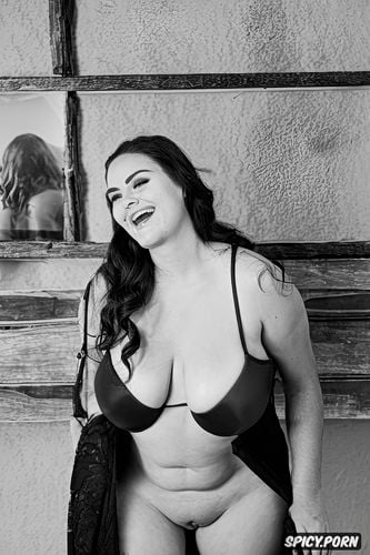 color photo, spread nude, laughing, gorgeous voluptuous italian model