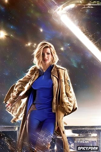 jodie whittaker as thirteenth doctor who highly detailed face age tiny perky breasts pointy nipples long legs toned body full color tits exposed wearing long coat over naked body masturbating squating on dildo