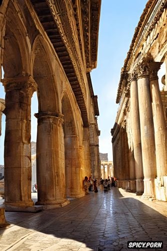 pale skin, historical greek buildings in the background, traditional greek woman