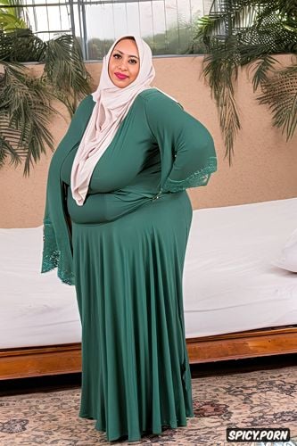 in the year 40, round face without makeup, full shot bbw, badro om she wears a hijab