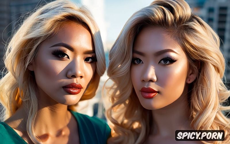 21 years old, wavy blonde hair, sultry, toned, twins, asian