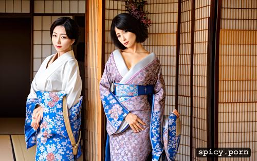 elegant, 40 yo, traditional japanese clothing, long legs, hourglass figure body