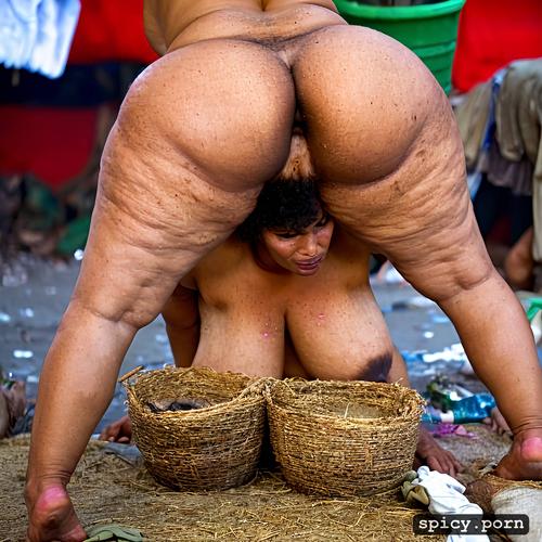 saggy boobs, massive pubic hair, legs for sale at market, in filthy slum