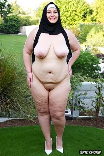 hijab, standing, white bbw, clear pussy, white skinned, high heels