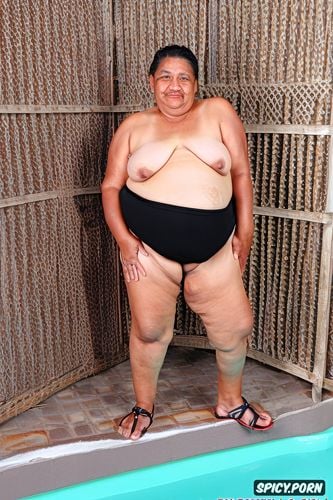 short hair, wearing beige long sport shorts, an old ssbbw mexican granny