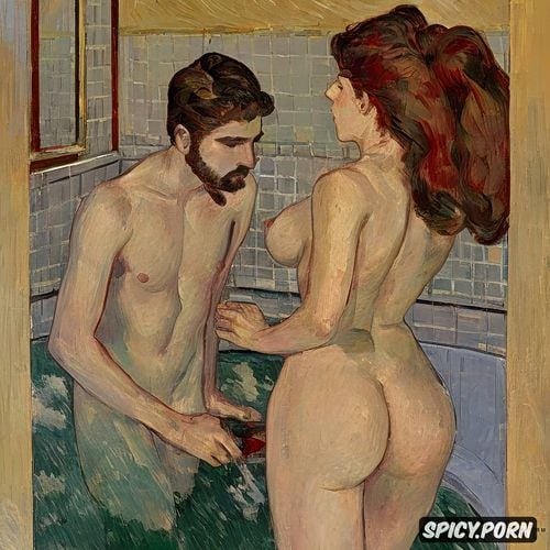 vincent van gogh, blushing woman with red lips and flushed cheeks in shady bathroom bathing intimate tender modern post impressionist fauves erotic art