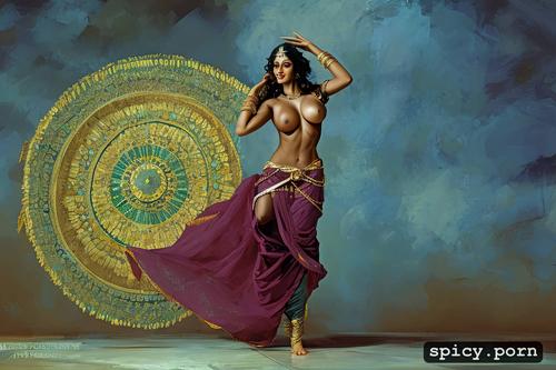 bharatnatyam, smiling, rangoli on breasts, indian classical dancer
