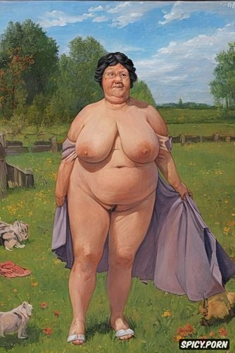 the very fat grandmother has nude pussy under her skirt