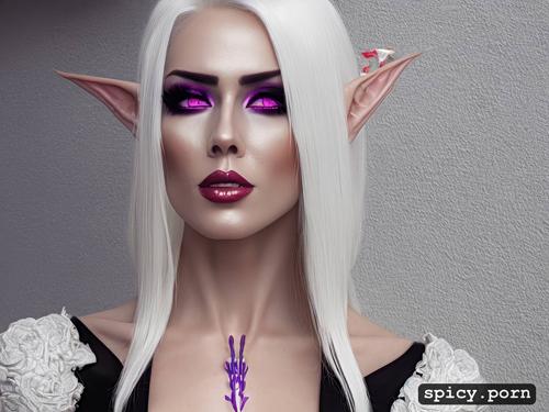 purple eyes, perfect slim albino female elf, seductive, small boobs