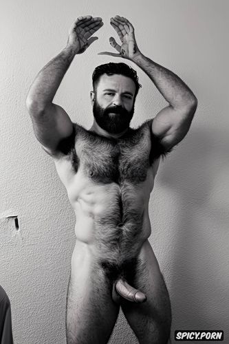 solo very hairy gay muscular old man with a big dick showing full body and perfect face beard showing hairy armpits indoors beefy body in jail cell