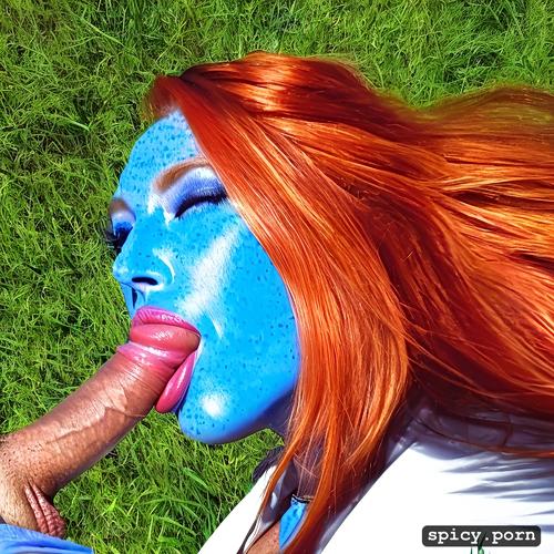 fucking mouth, blue, whole dick in mouth, redhead, dick head completely in mouth