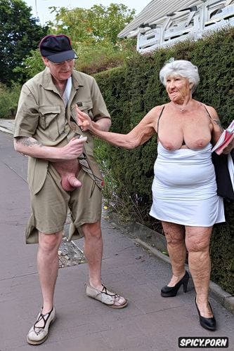 90 year old, very thick cellulite legs, very short dress, very fat ugly woman wanking the newspaper delivery man