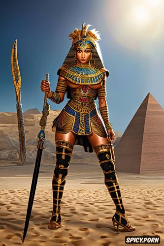 fit body, traditional egyptian clothing, lion headed egyptian goddess woman armed with swords walking through a desolate desert with human skulls and skeletons in the sand