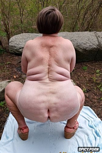 rear view, squatting, white granny, pastel colors, naked, hyperrealistic pregnant pissing muscular thighs red bobcut haircut