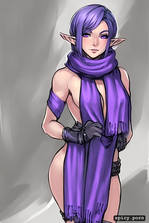 3dt, highres, purple eyes, high boots, pretty naked female, scarf