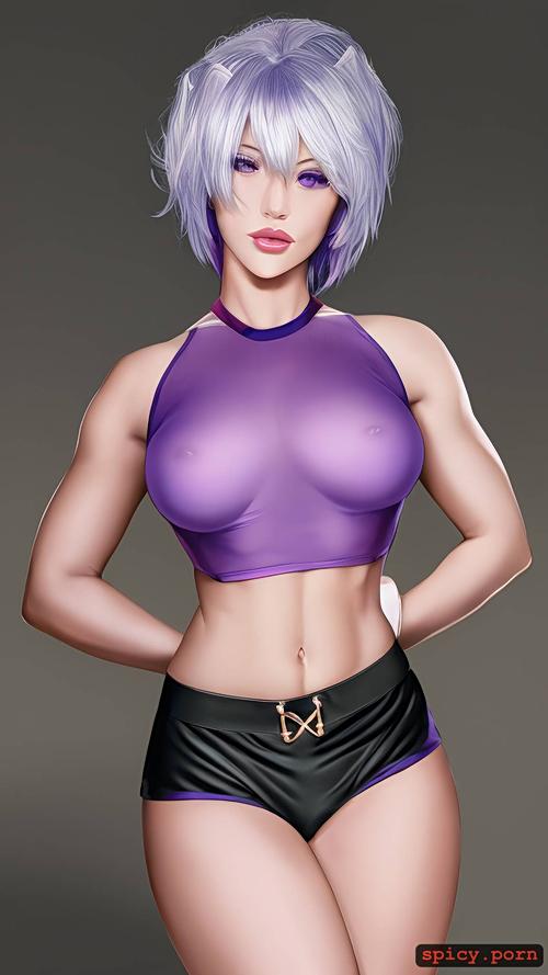 detailed, purple eyes, short shorts, highres, see through tanktop with underboob