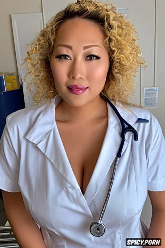 doctors s office, yellow hair, tanned skin, chinese female, large breasts