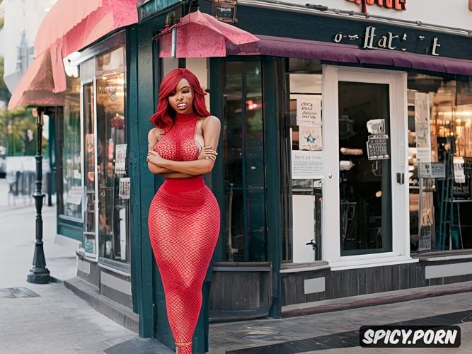 standing in front of a cafe, red hair, wide stance, exotic waitress