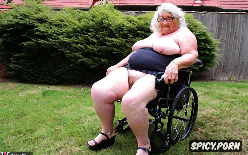 sitting on a wheelchair, empty saggy tits, full length frontal view from below