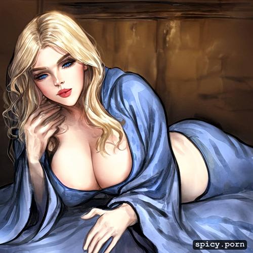 detailed, blonde, full lips, tall, wearing medieval robe, laying side ways