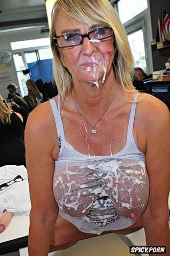 tremendous splash of sperm on face, looking at the viewer, tremendous thick cum on tits