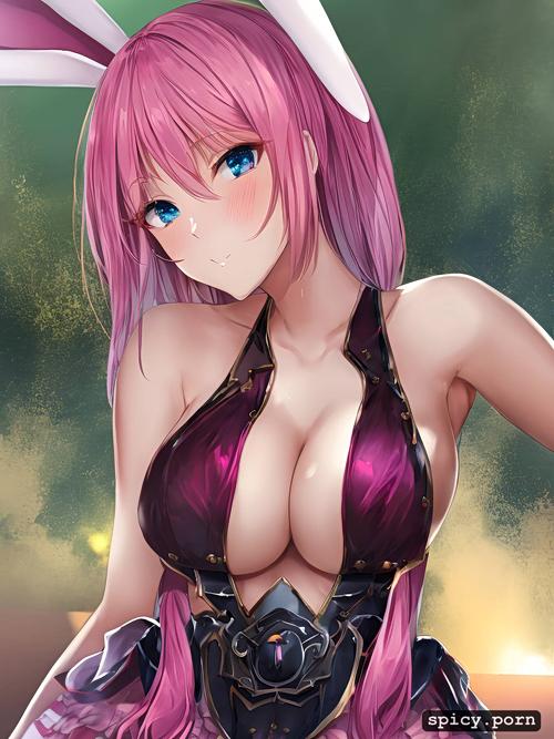 bunny ears, pink cosplay, ultra detailed, 8k, shy face, full body