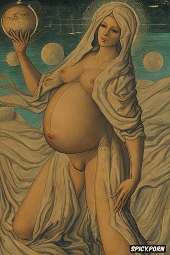 middle ages painting, pregnant, medieval, holding a globe, classic