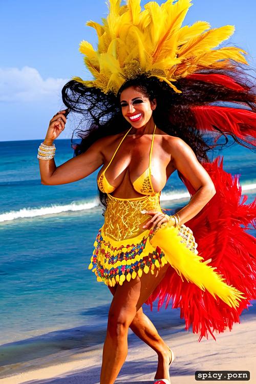 giant hanging tits, high heels, long hair, color portrait, 33 yo beautiful white caribbean carnival dancer