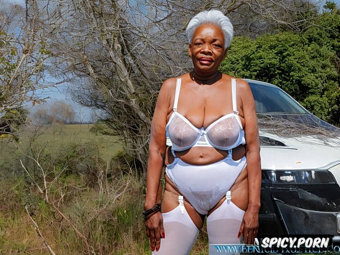 ebony granny 80 years old, wide hips, wearing white suspenders and see through bra
