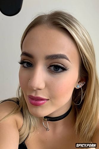 big saggy tits, earrings, choker, blonde balayage, real amateur selfie of a cute spanish teen girlfriend