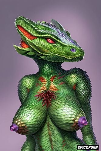 argonian lizard woman with a purple crest, and green scales with a pale cream underbelly extremely large breasts