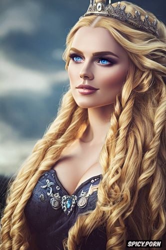 long golden blonde hair in twin braids, beautiful face portrait