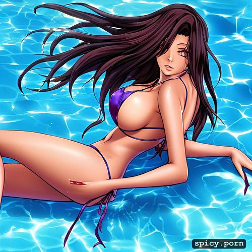 brazilian, beautiful face, black hair, hottspring, transparent bikini