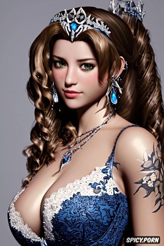 tattoos masterpiece, k shot on canon dslr, ultra detailed, aerith gainsborough final fantasy vii rebirth beautiful face young tight low cut dark blue lace wedding gown tiara