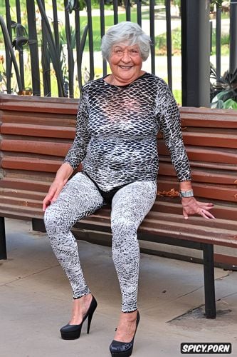 old wrinkled granny wear detailed tight leggin spandex cameltoe show crotch sit on bench outside show at bystanders