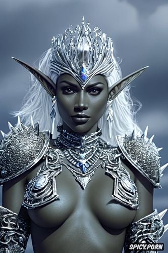 ultra detailed, ultra realistic, fantasy princess high elf beautiful face ebony skin tone short spikey silver hair tattoos royal elven armor tiara topless tits out castle