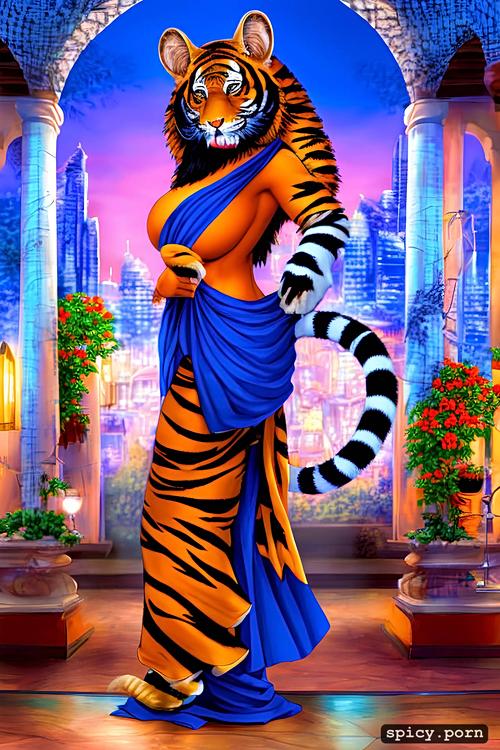 tiger woman, 40 yo, furry, sari, large ass, striped tail, gigantic breasts