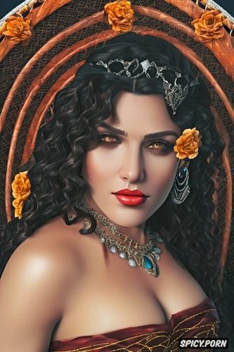 diadem, olive skin, arianne martell, long soft dark black hair in curly ringlets