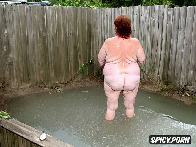 in filthy piss filled bathtub, naked obese bbw granny, short red hair