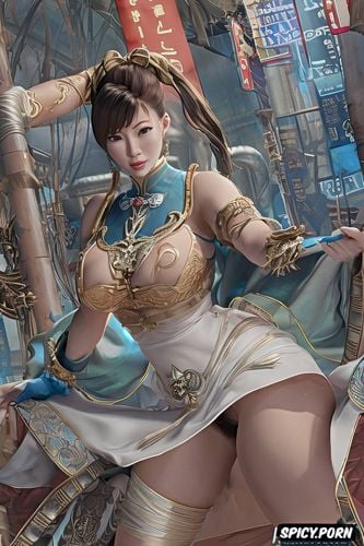 showing upskirt, long dress, chubby belly, chun li streetfighter