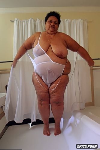 wearing tight long white sheer night gown, flabby loose obese saggy belly ssbbw belly