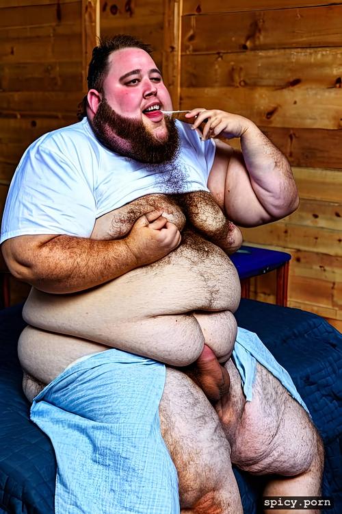 hairy body, round face with beard, cum on penis, short blond hair